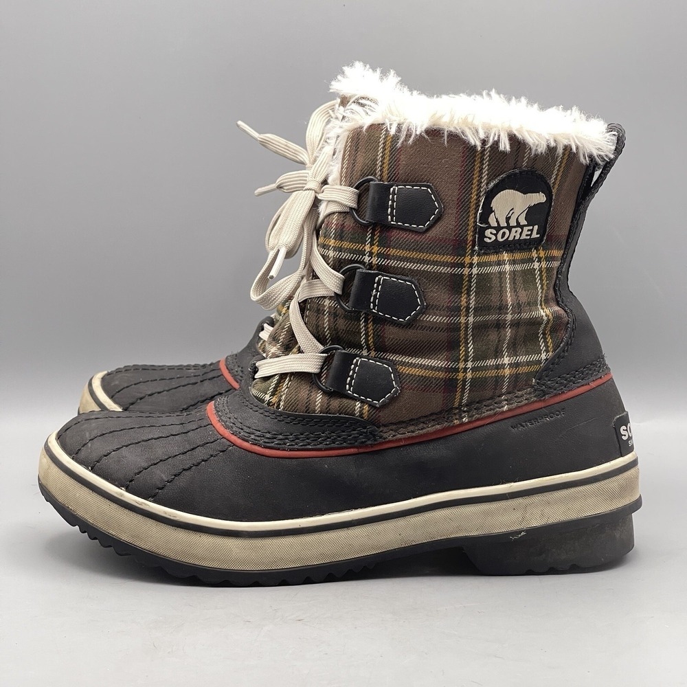 Sorel Women's 7 Snow Boots Duck Brown Plaid Tartan Waterproof Tivoli Winter